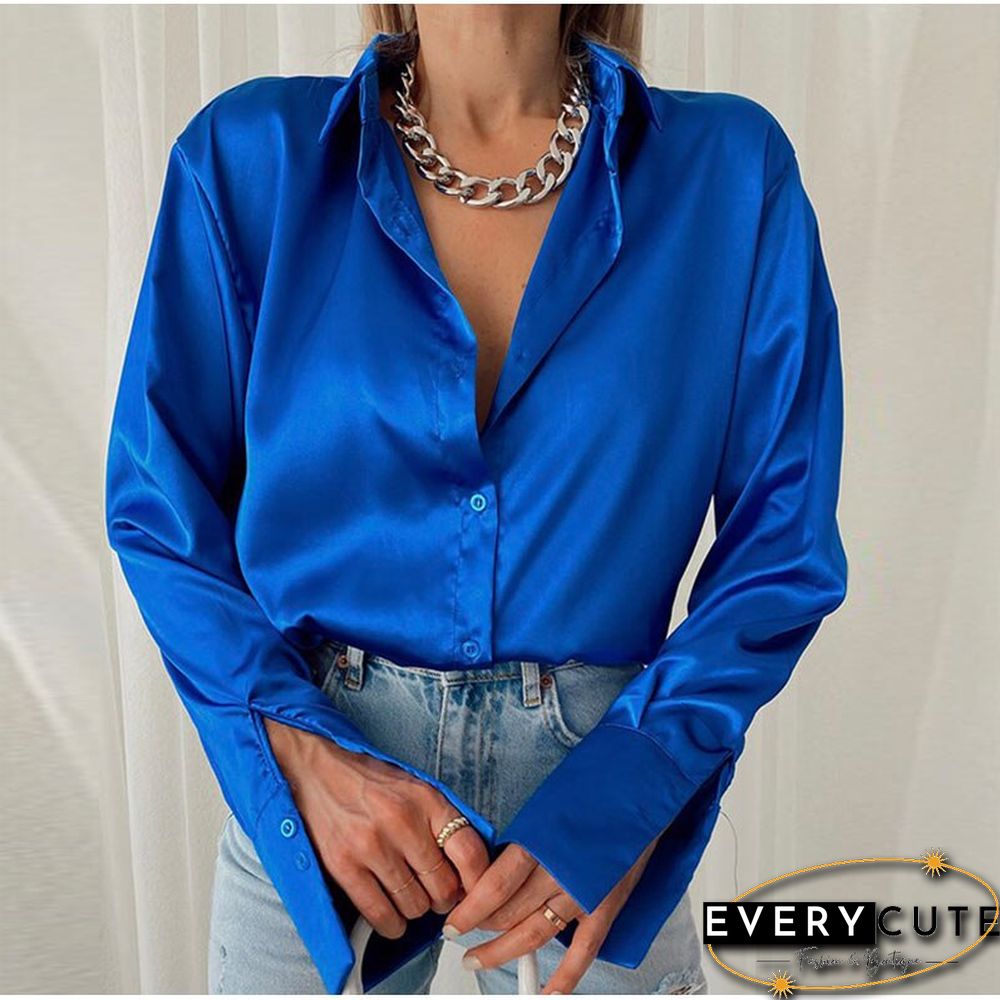 Women Elegant Satin Solid Long Sleeve Blouses Female Spring Vintage Loose Straight Buttons