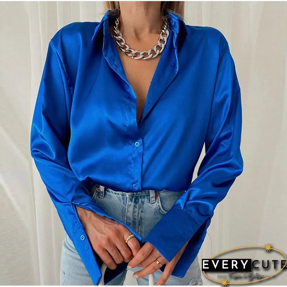 Women Elegant Satin Solid Long Sleeve Blouses Female Spring Vintage Loose Straight Buttons