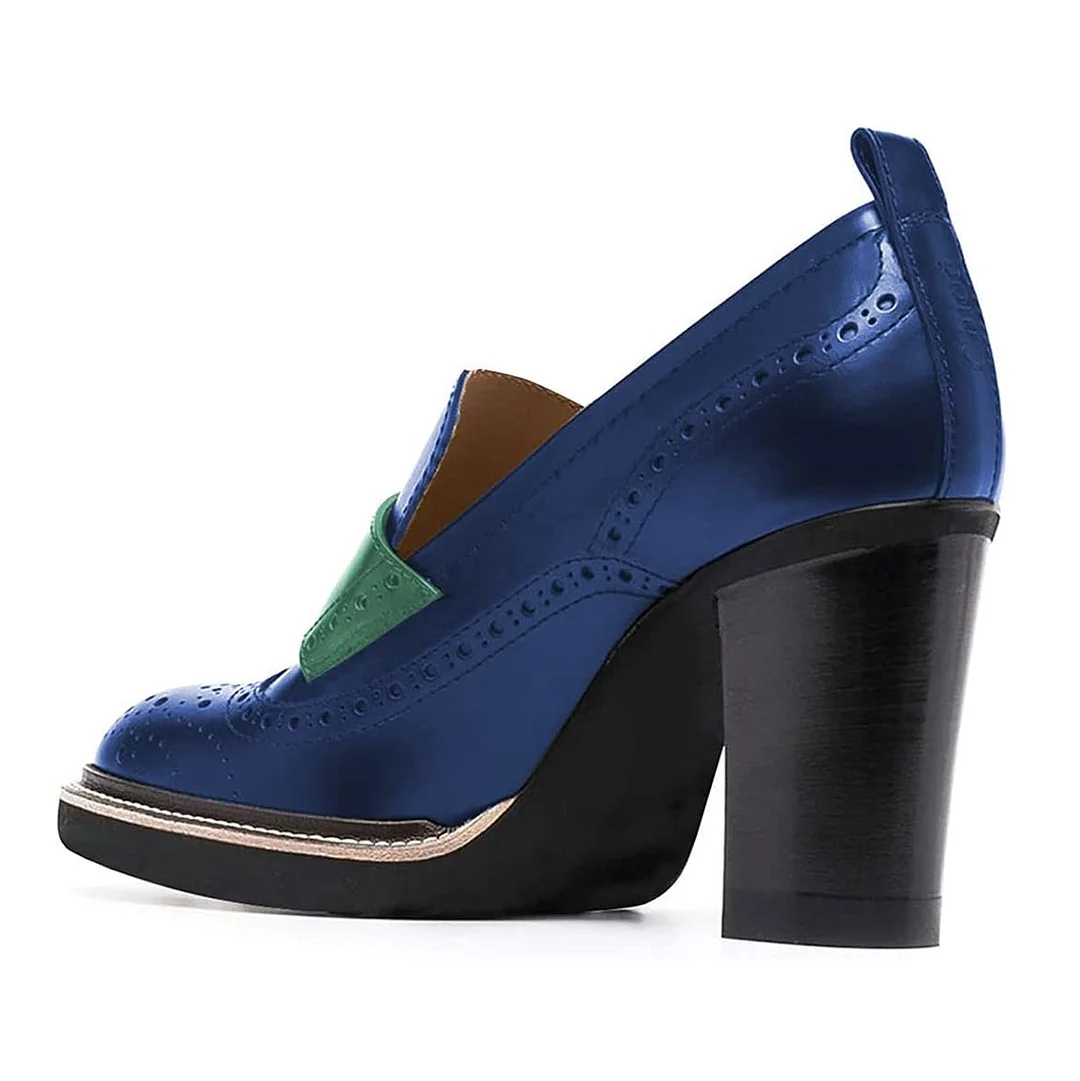 Blue Round Toe Perforated Pattern Chunky Heel Women's Loafers