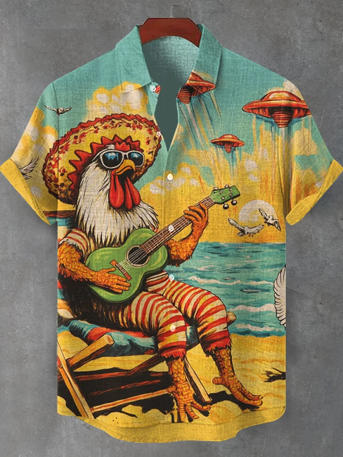 Men's UFO Seaside Chicken Playing Guitar Art Print Shirt