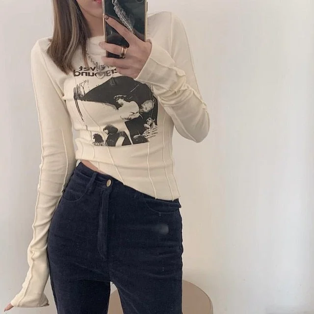 Yedinas Casual Slim T-Shirt For Women O Neck Long Sleeve Sexy Crop Top Grunge Letters Print Female Korean Fashion Clothing