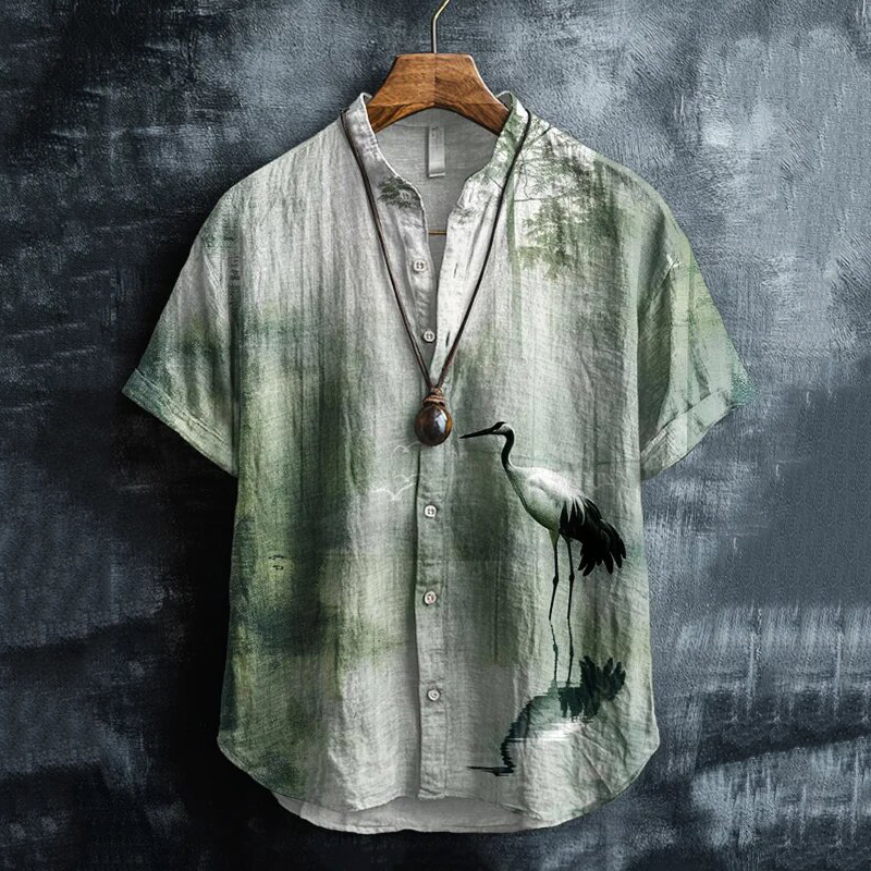 Men's Elegant Crane Art Print Casual Shirt