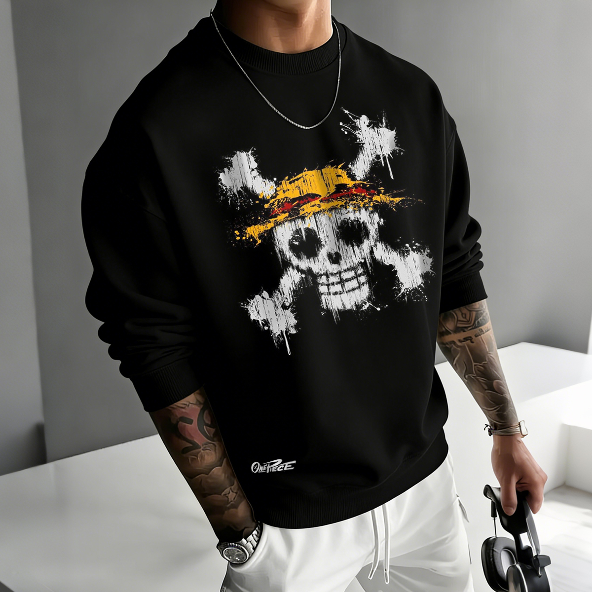 Men's Black Sweatshirt with Skull and Straw Hat Graphic Print
