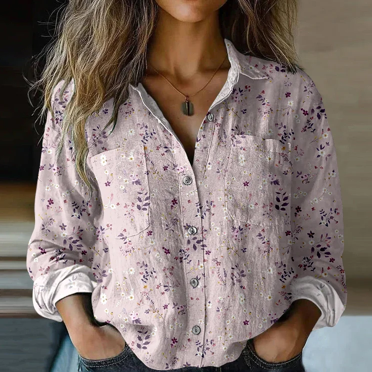 Utbros Women's Vintage Floral Art Print Casual Long Sleeve Comfortable Cotton Shirt