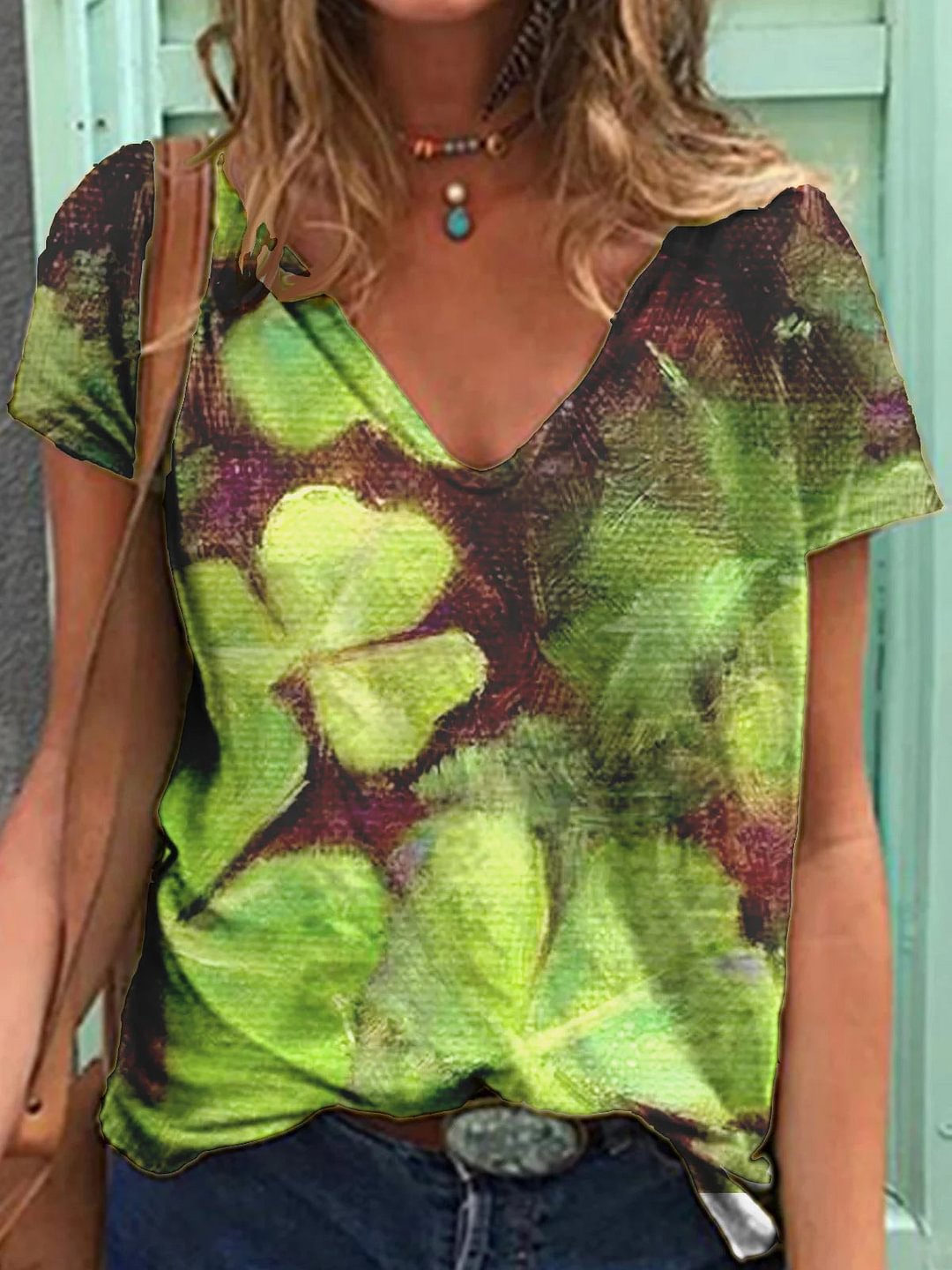 Printed pullover short sleeve V-neck Women's T-shirt