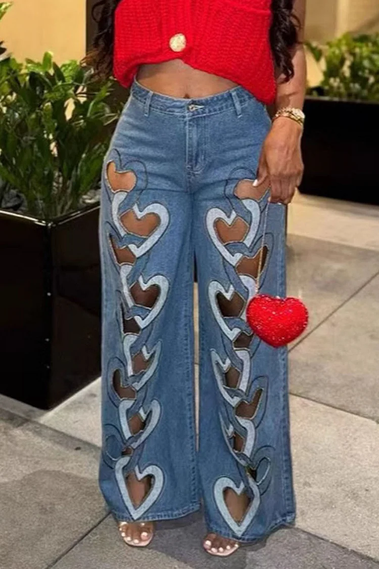 Heart Shape Cutout High-Rise Contrast Denim Wide Leg Pants-Blue