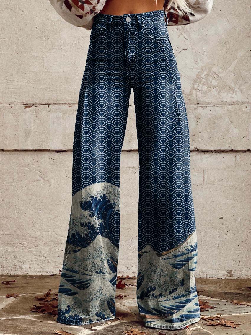 Japanese Ocean Wave Print Casual Wide Leg Pants