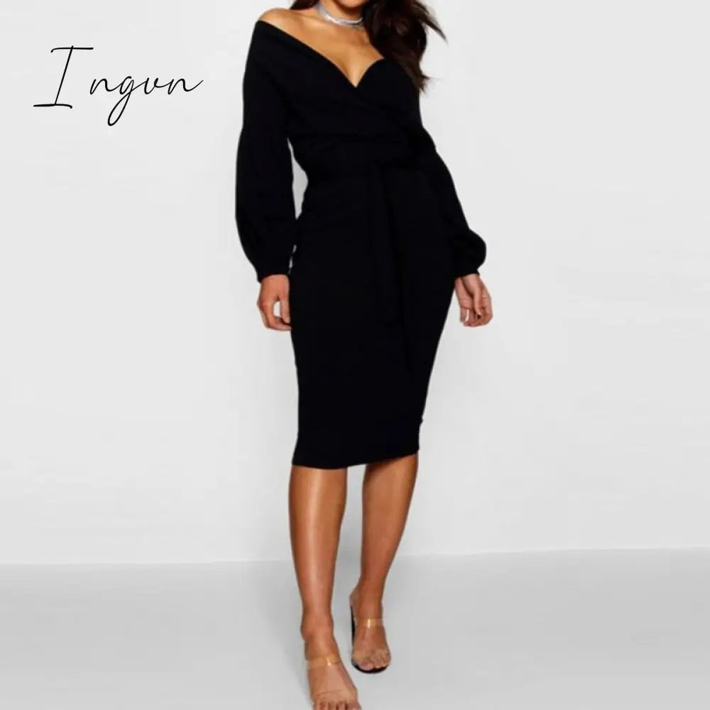 Ingvn - Spring Sexy Deep V Neck Ladies Bodycon Dress Elegant Women Solid Lantern Sleeve Sashes