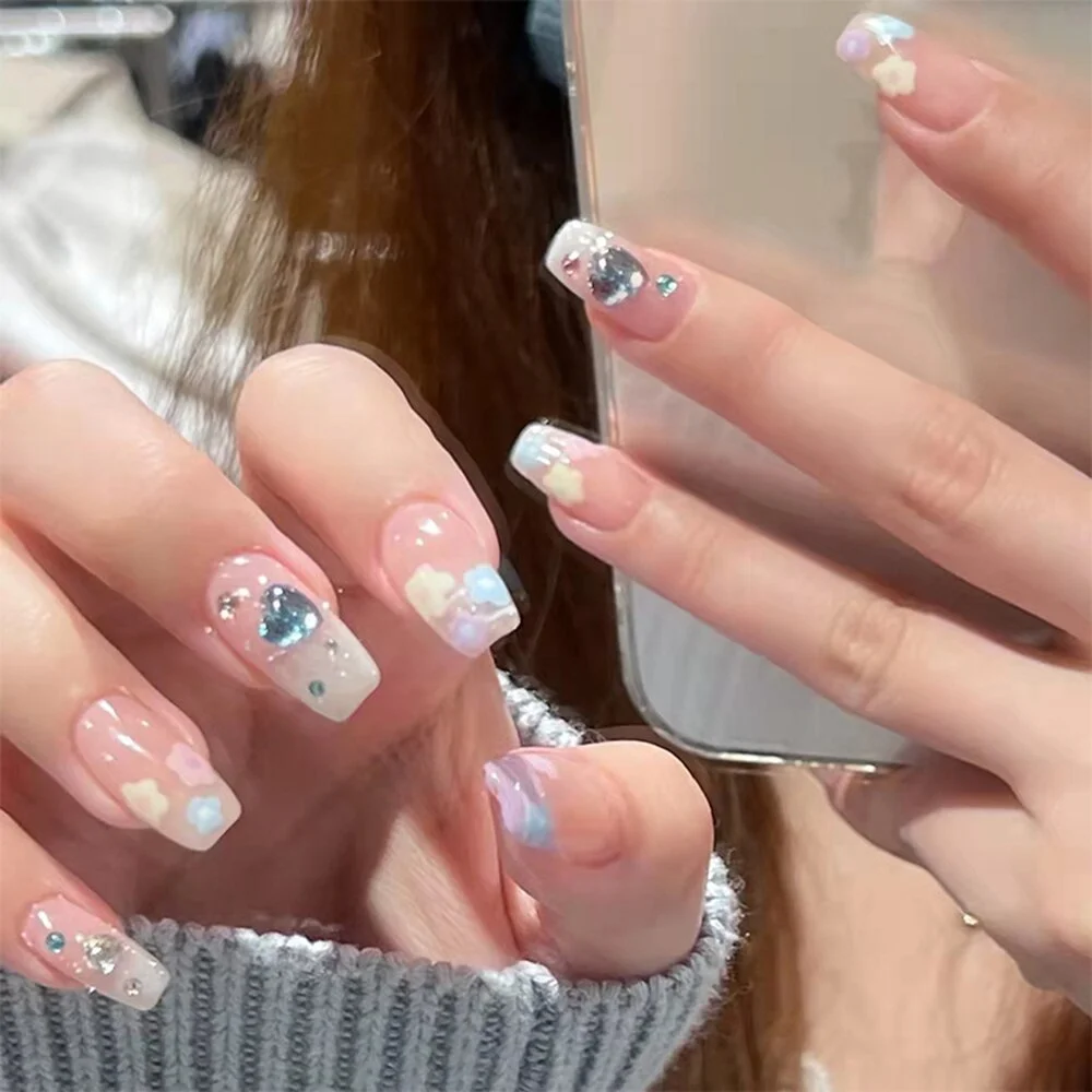24PCS Press On Nails with Diamond Butterfly Design White Fake Nails Coffin Ballet False Nails Manicure Salon DIY  Full Finished-Nail Inspo