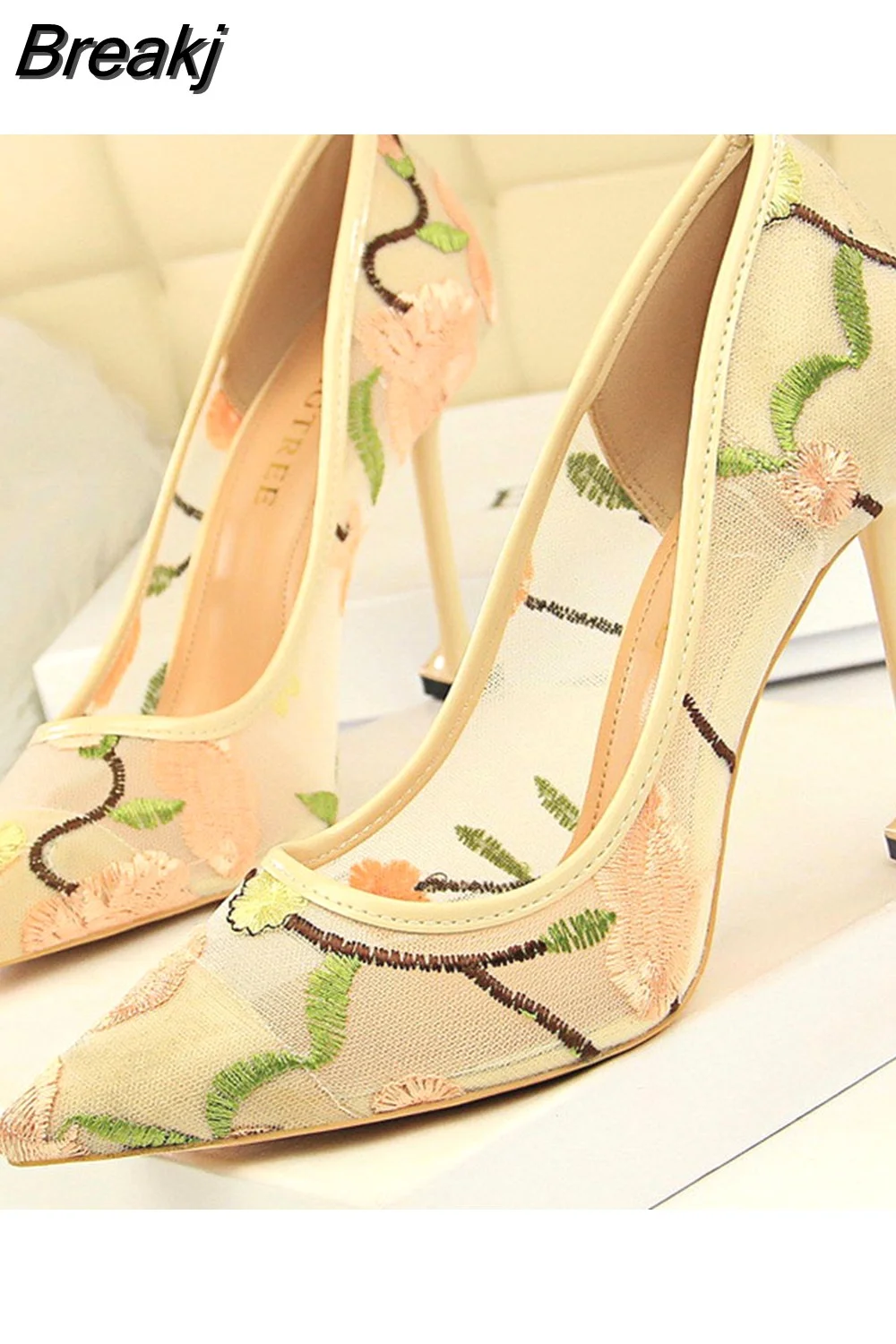 Breakj Flower Embroidery Lace High Heels Sexy Party Summer Woman Shoes 2023 New Stiletto Fashion Women Heel Mesh Women's Pumps