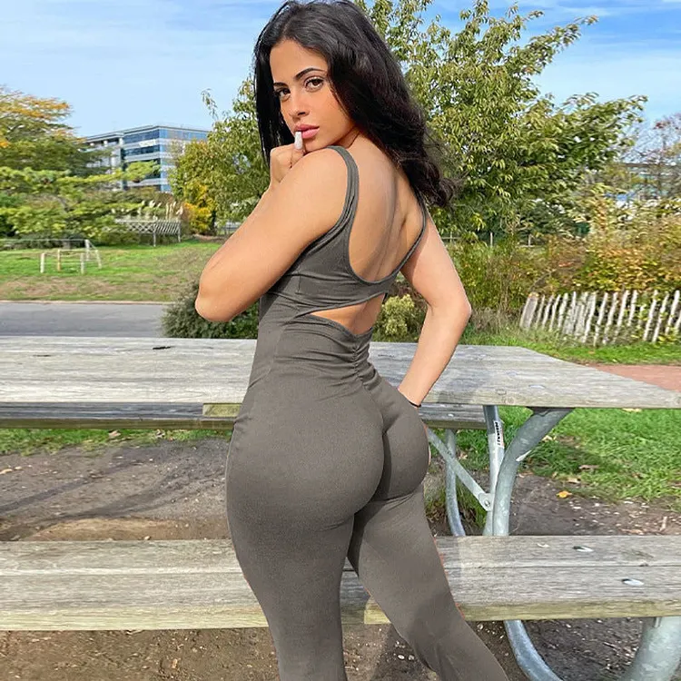 Women Clothing Summer Solid Color Slim Fit Backless Sleeveless Shoulder Strap Jumpsuit 