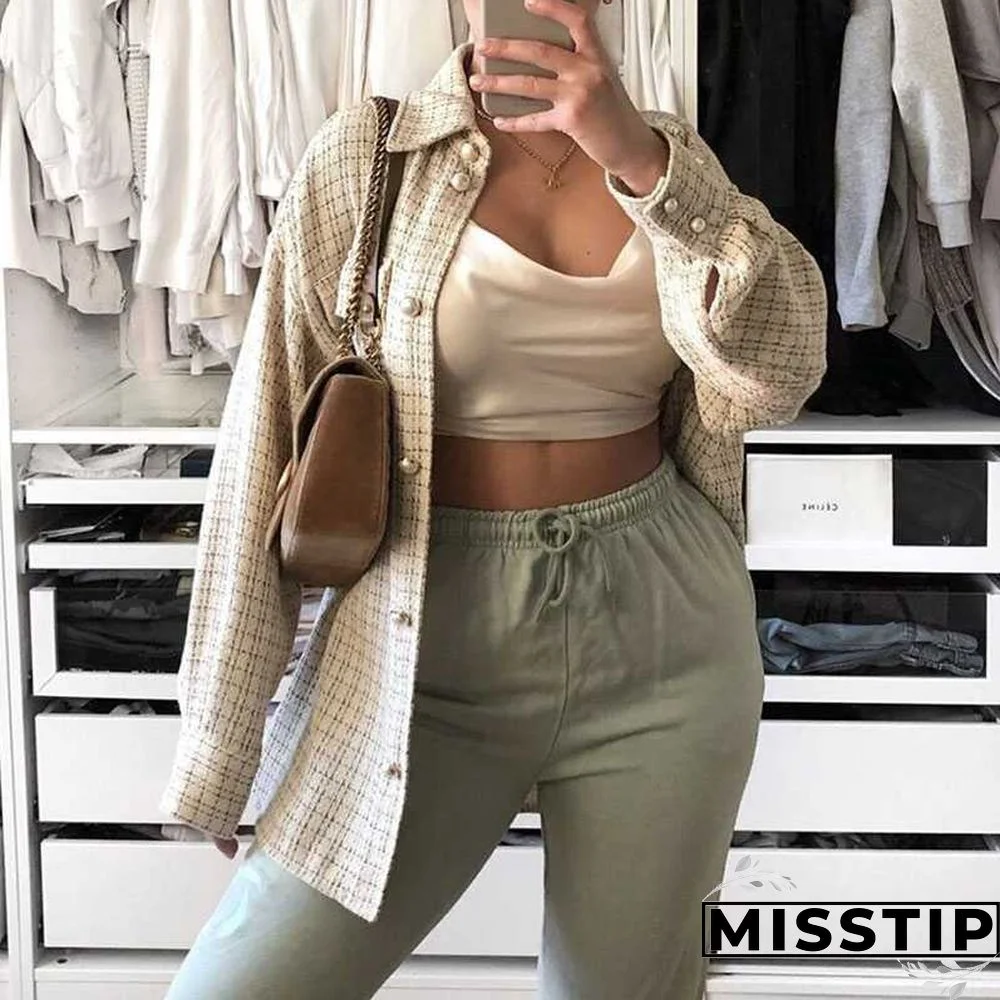 Classic Thick Colorblock Checked Button Down Shirt Jacket Woolen