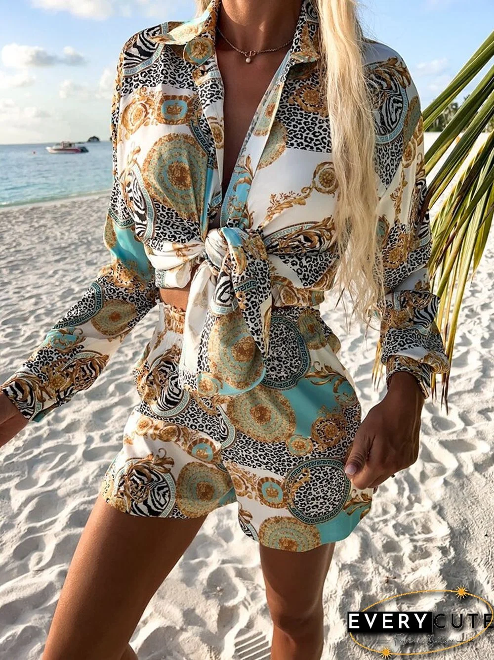 Vintage Print 2 Piece Suit Women Long Sleeve Lapel Single Breasted Shirt + High Waist Shorts Sets Casual Ladies Loose Beach Suit