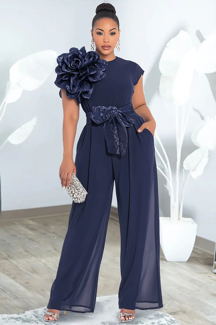 Xpluswear Design Plus Size Mother Of The Bride Elegant Navy Blue Round Neck Cap Sleeve 3D Pocket Chiffon Jumpsuits [Pre-Order] 2024 - Xpluswear