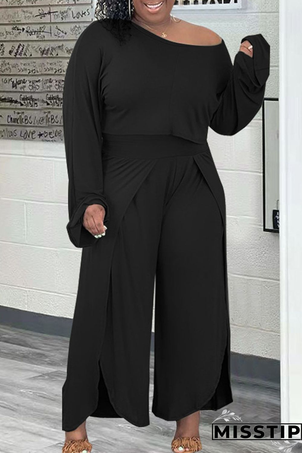 Black Casual Solid Patchwork Asymmetrical O Neck Plus Size Two Pieces