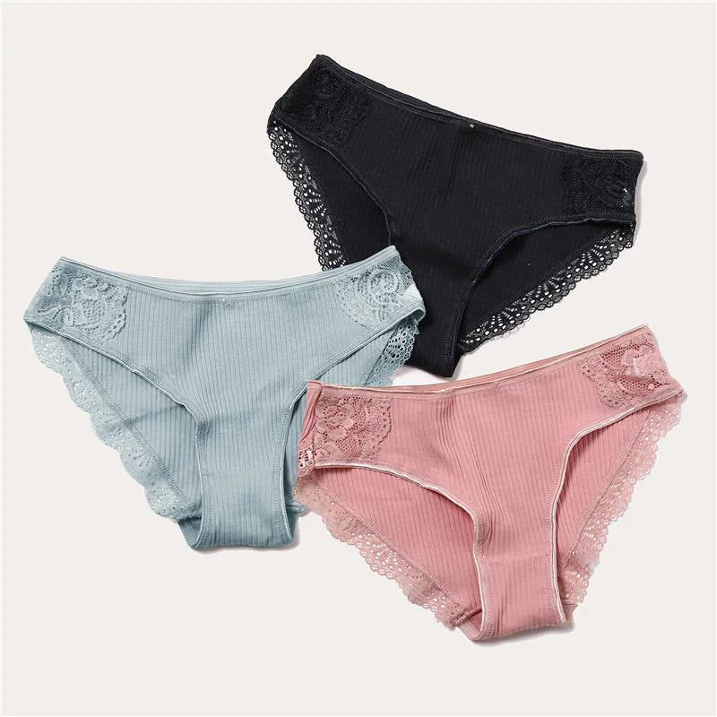 3PCS/Set 6 Color Women Panties Cotton Lace Briefs Solid Color for Female Striped Sexy Cotton Underwear Lingerie Low Waist Flower