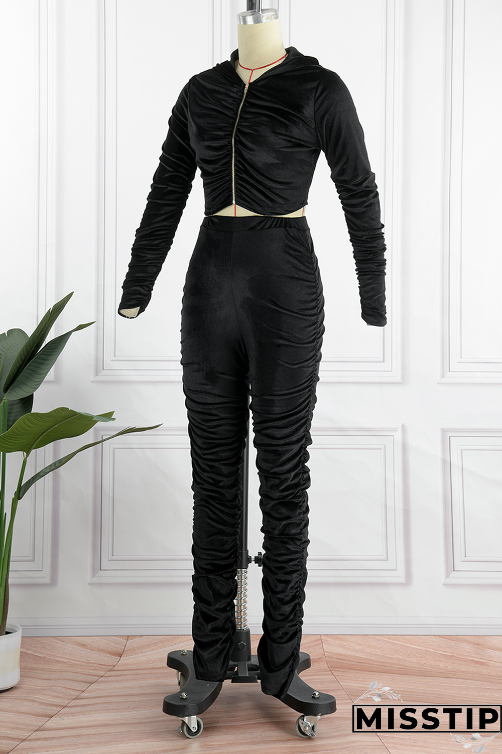 Black Street Solid Fold Hooded Collar Long Sleeve Two Pieces