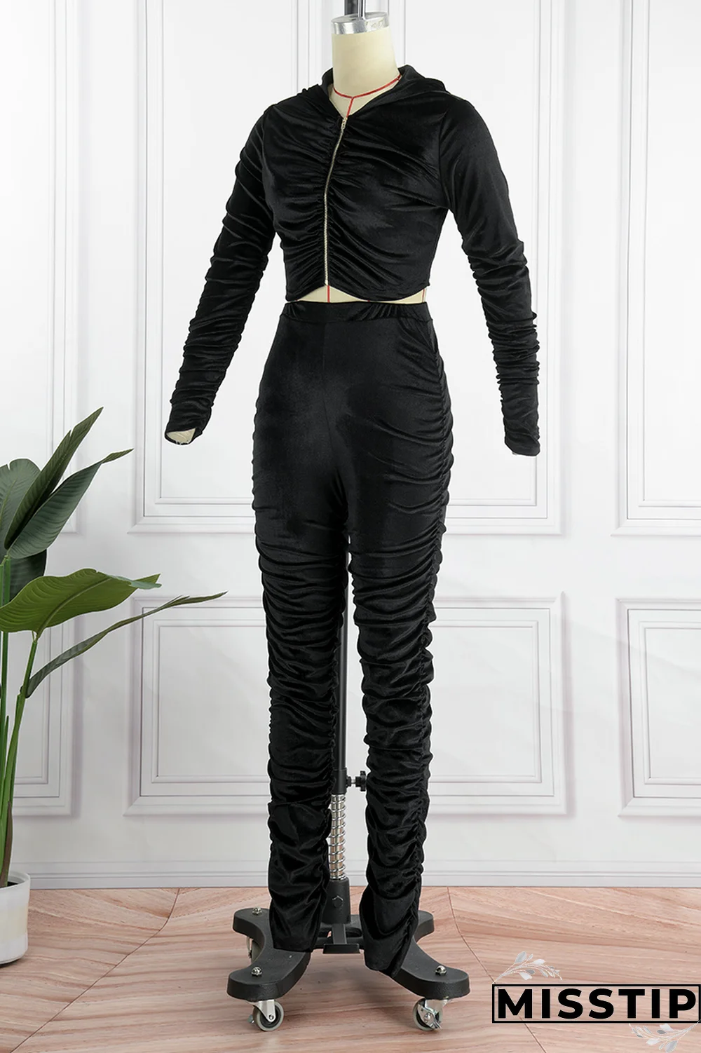 Black Street Solid Fold Hooded Collar Long Sleeve Two Pieces