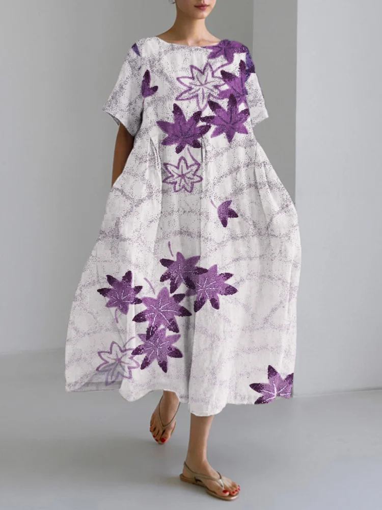 VChics Maple Leaf & Wave Pattern Japanese Art Linen Blend Maxi Dress