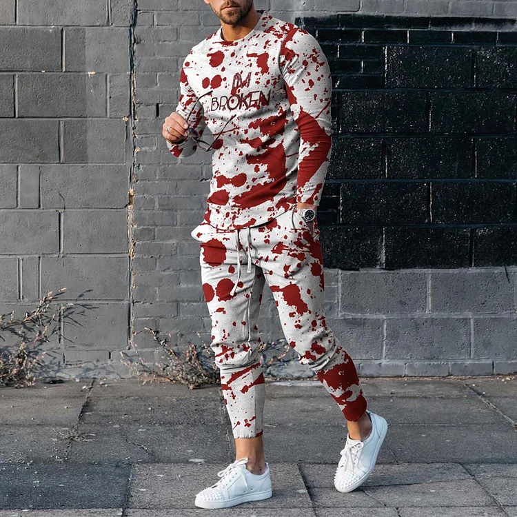 Broswear Men's Blood Splattered Printing Long Sleeve T-Shirt And Pants Co-Ord