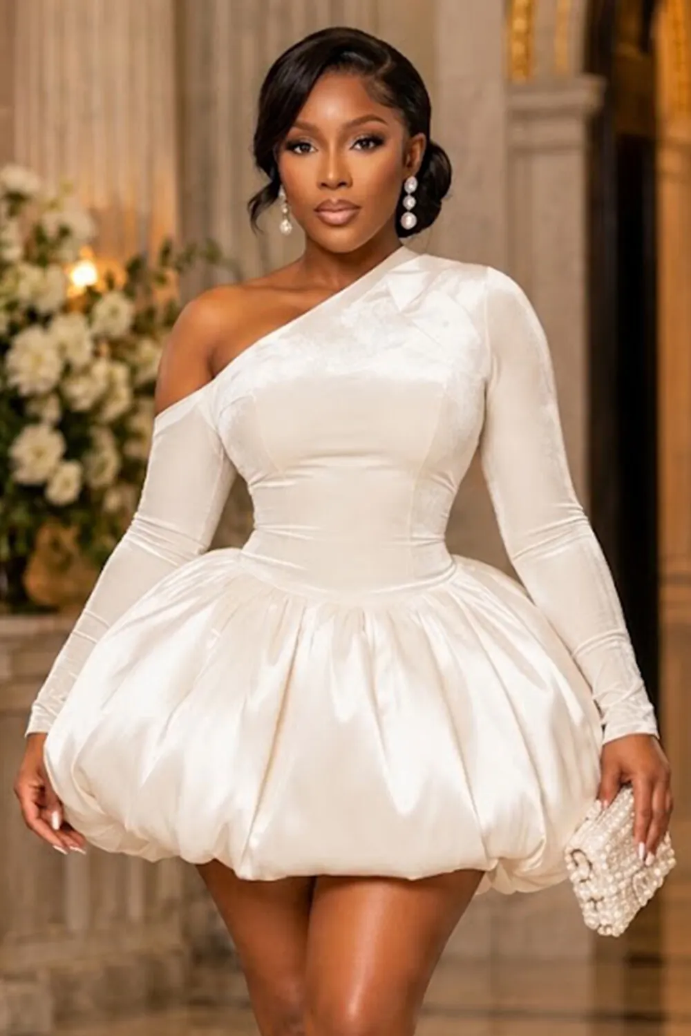 One Shoulder Long Sleeve Bubble Hem Party Mini Dresses-OffWhite [Pre Order]