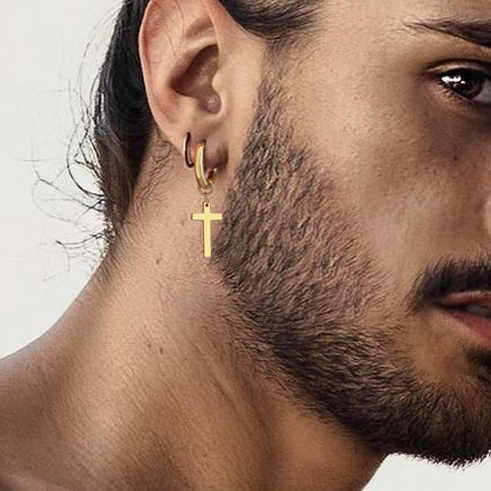 Gold Dangle Cross Shaped Hoop Earrings-VESSFUL