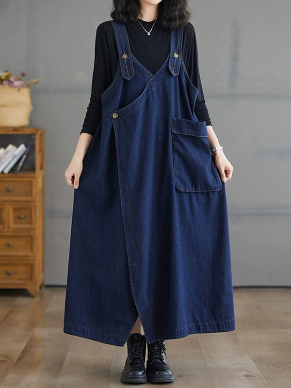Loose Vintage Denim Strap Pocket Maxi Dress