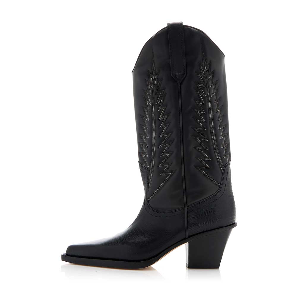 Black Croco Embossed Pointed Toe Mid-Calf Cowboy Boots for Women
