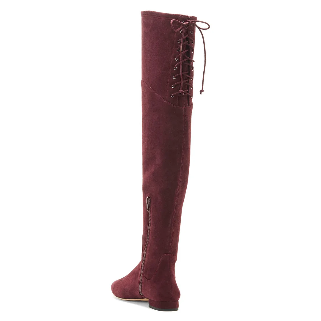 Maroon Faux Suede Side-Zip Lace-Up Block Heel Thigh-High Boots