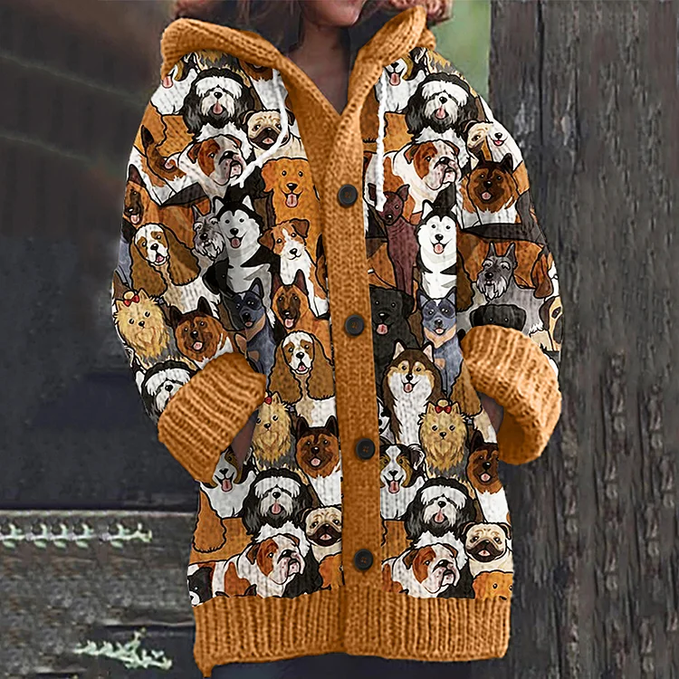 Dog Print Long Sleeve Knitted Hooded Cardigan
