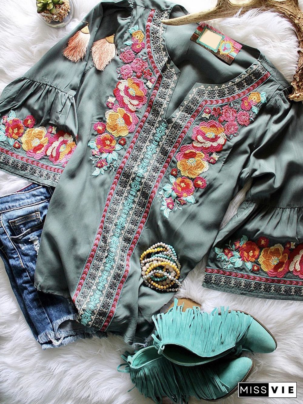 V Neck Floral Vintage 3/4 Sleeve Tops