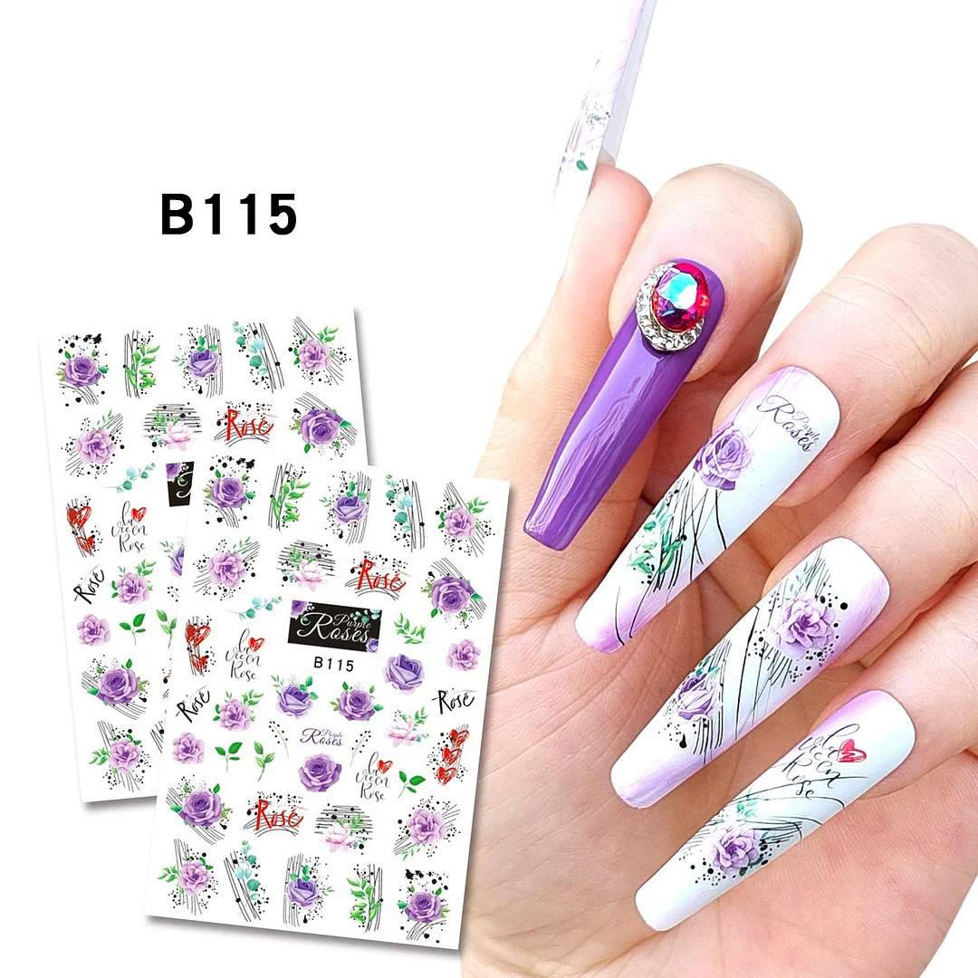 Purple Red Pink Rose Flower 3D Nail Sticker Leaves Love Heart Self-Adhesive Slider Art Decorations Decals Manicure Accessories-Nail Inspo