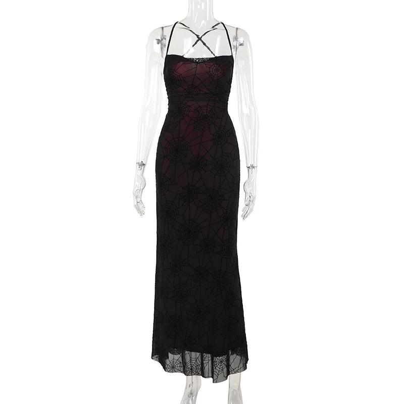 Ueong Summer 2024 New Dark Temperament Sexy Collar Spider Web Backless Dress Girl