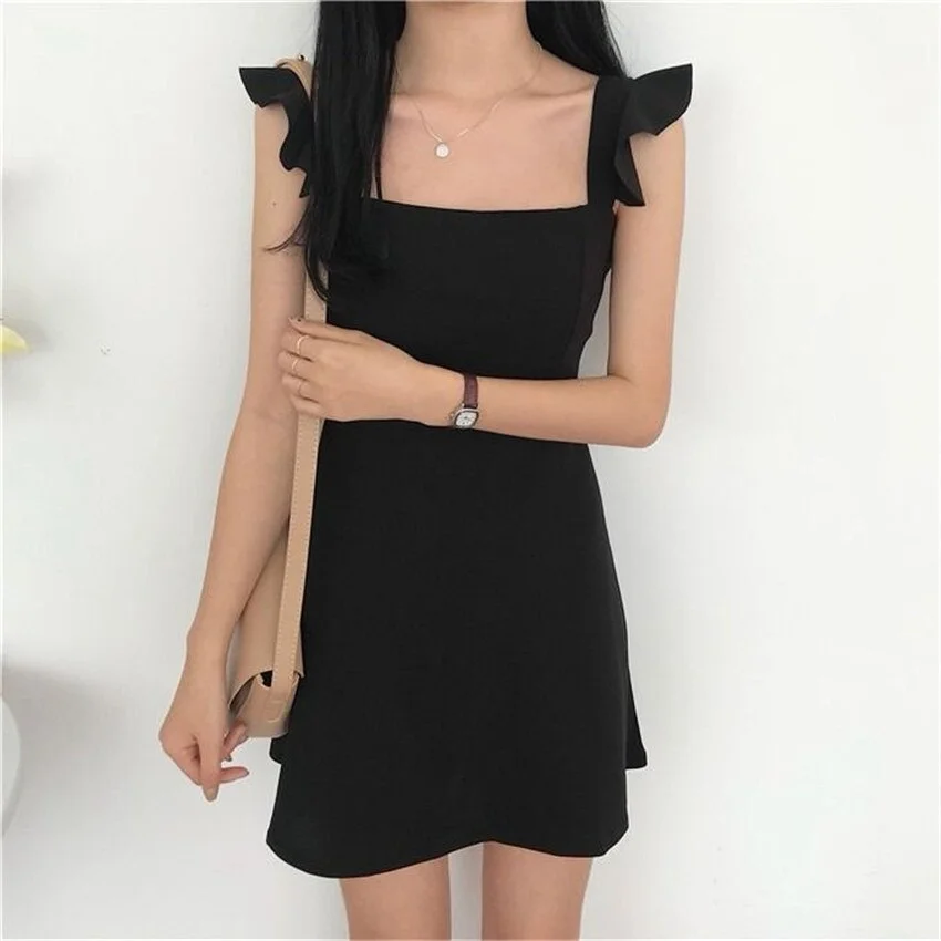 Sexy Ruffle Camisole Slim dress Korean Summer Black Off Shoulder Sleeveless A-line Mini Dress Party Dresses Vestido Femme