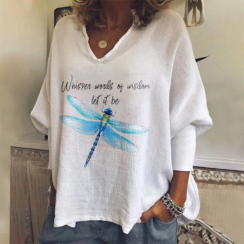 Whisper Words Of Wisdom Printed Dragonfly V-neck T-shirt