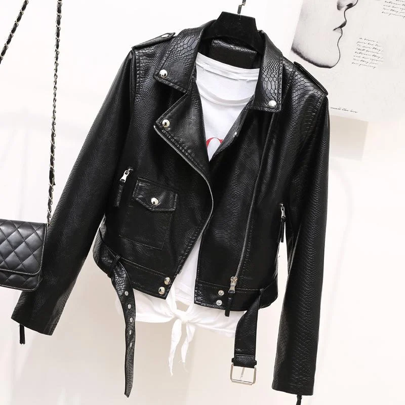 Fitaylor Autumn Faux Soft Leather Black Punk Jacket Coats Women Pu Faux Serpentine Moto Zipper Rivet Short Outwear With Belt