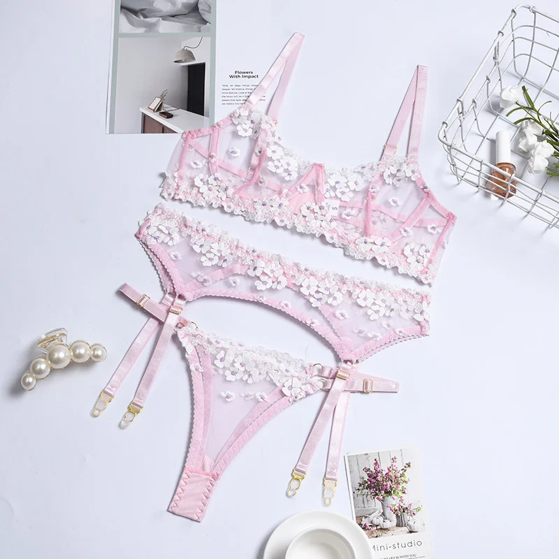 Billionm Sexy Lace Lingerie Set Pink Underwear Floral Appliques Push Up Bra and Panty Fancy Sissy Intimate Transparent Underwear Lingerie
