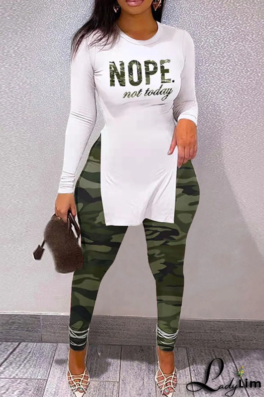 Stripe Fashion Casual Print Slit O Neck Long Sleeve Two Pieces