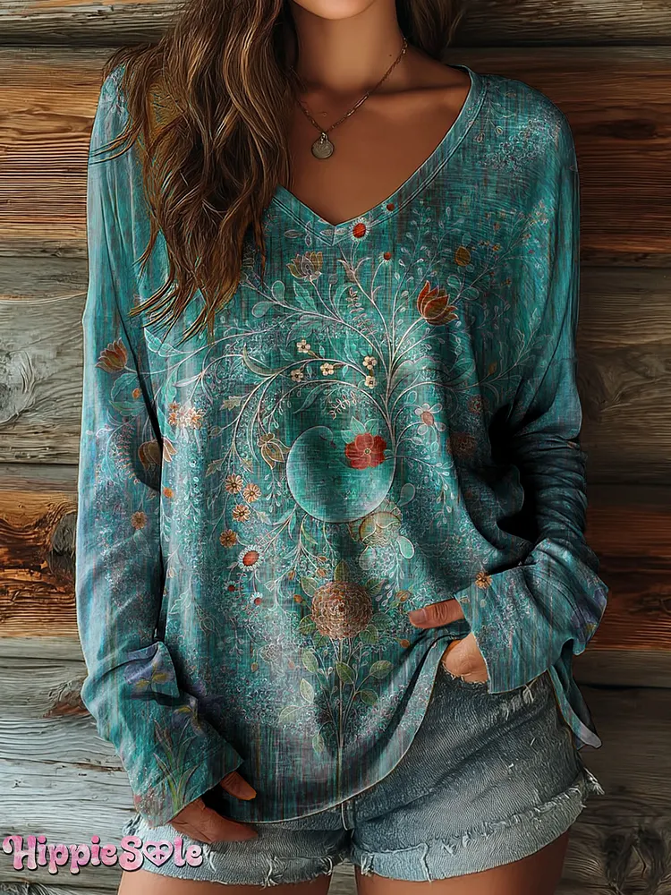 Women's Vintage Ethnic Floral Art Print Casual V-neck Long Sleeve T-shirt