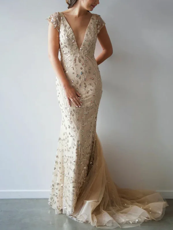 V-Neck Mesh Sequin Short Sleeves Maxi Dress