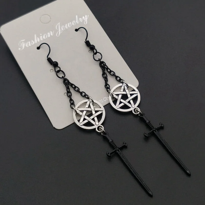 Christmas Gift Witch's Rites Earrings Pentagram Pendant Darkly The Sacred Black Sword Gothic Jewelry Fashion-forward Black Chain Women Gift