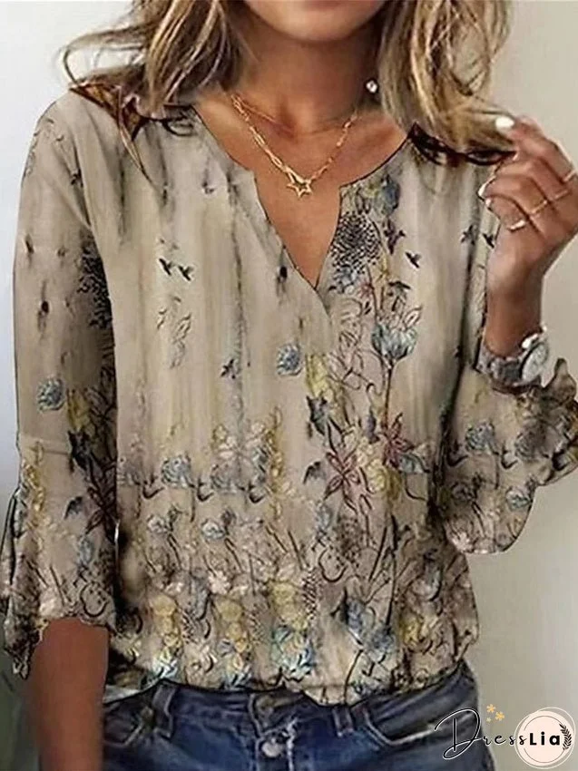 T shirt Tee White Navy Blue Blue Graphic Floral Print Short Sleeve Daily Weekend Basic V Neck Regular Abstract Painting S for Women