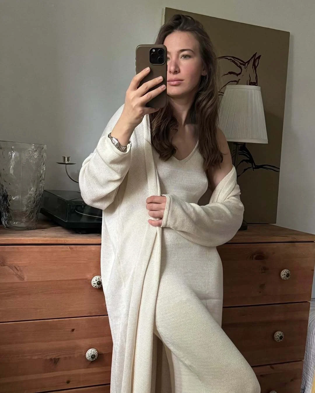 Athvotar Athvotar Hot Cotton Knitted Hollow Vest Long Dress + Long Sleeve Open Shirt Set Women's Soft Knitted Shirt