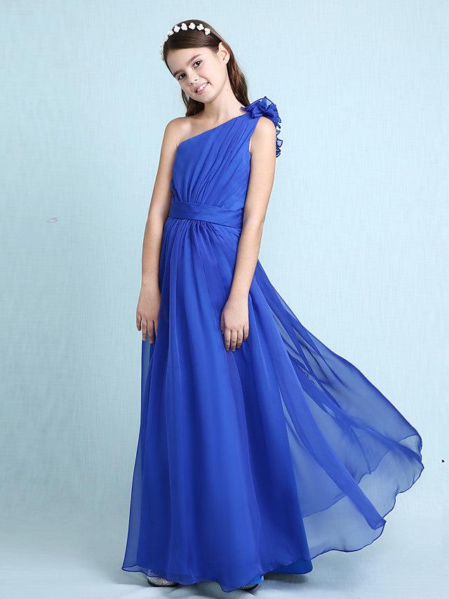 Princess / A-Line One Shoulder Floor Length Chiffon Junior Bridesmaid Dress With Sash / Ribbon / Ruffles / Side Draping / Spring / Fall / Winter / Wedding Party / Natural