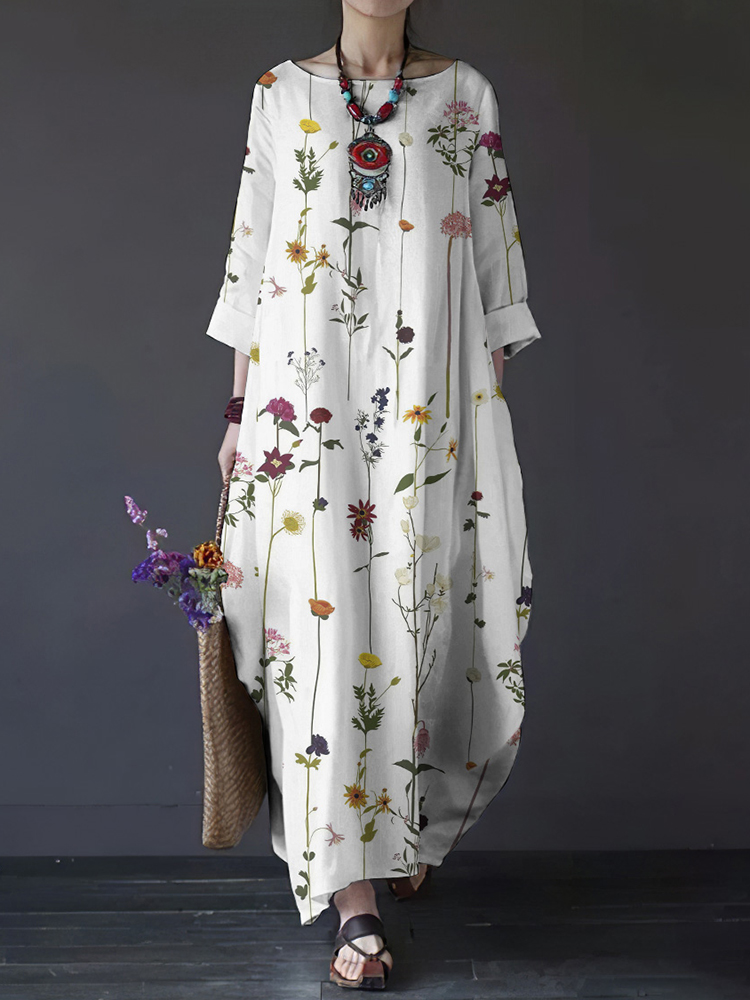 Comstylish Casual Crew Neck Floral Art Print Cotton Linen Maxi Dress