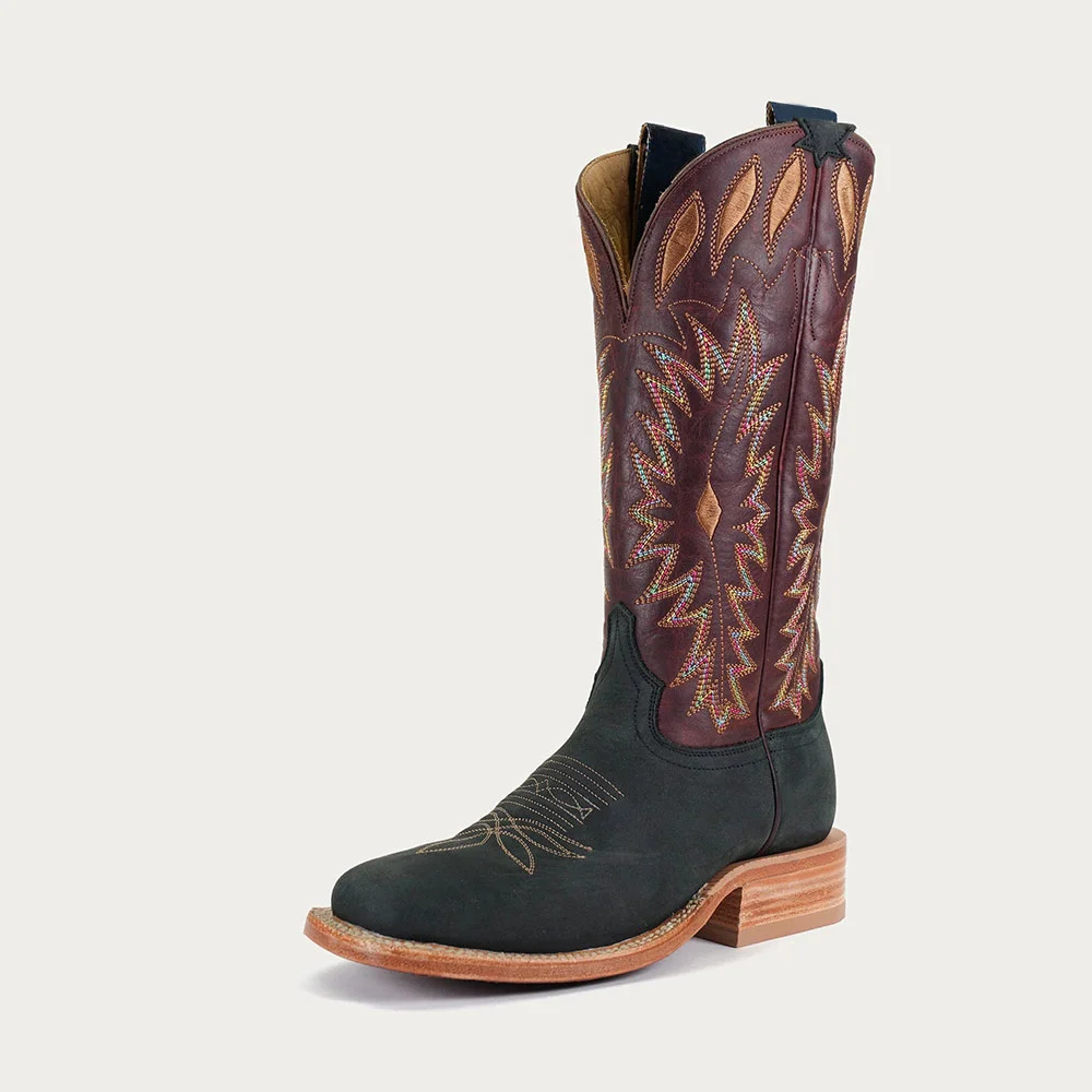 Black & Brown Patchwork Stacked Heel Embroidery Cowboy Boots for Women