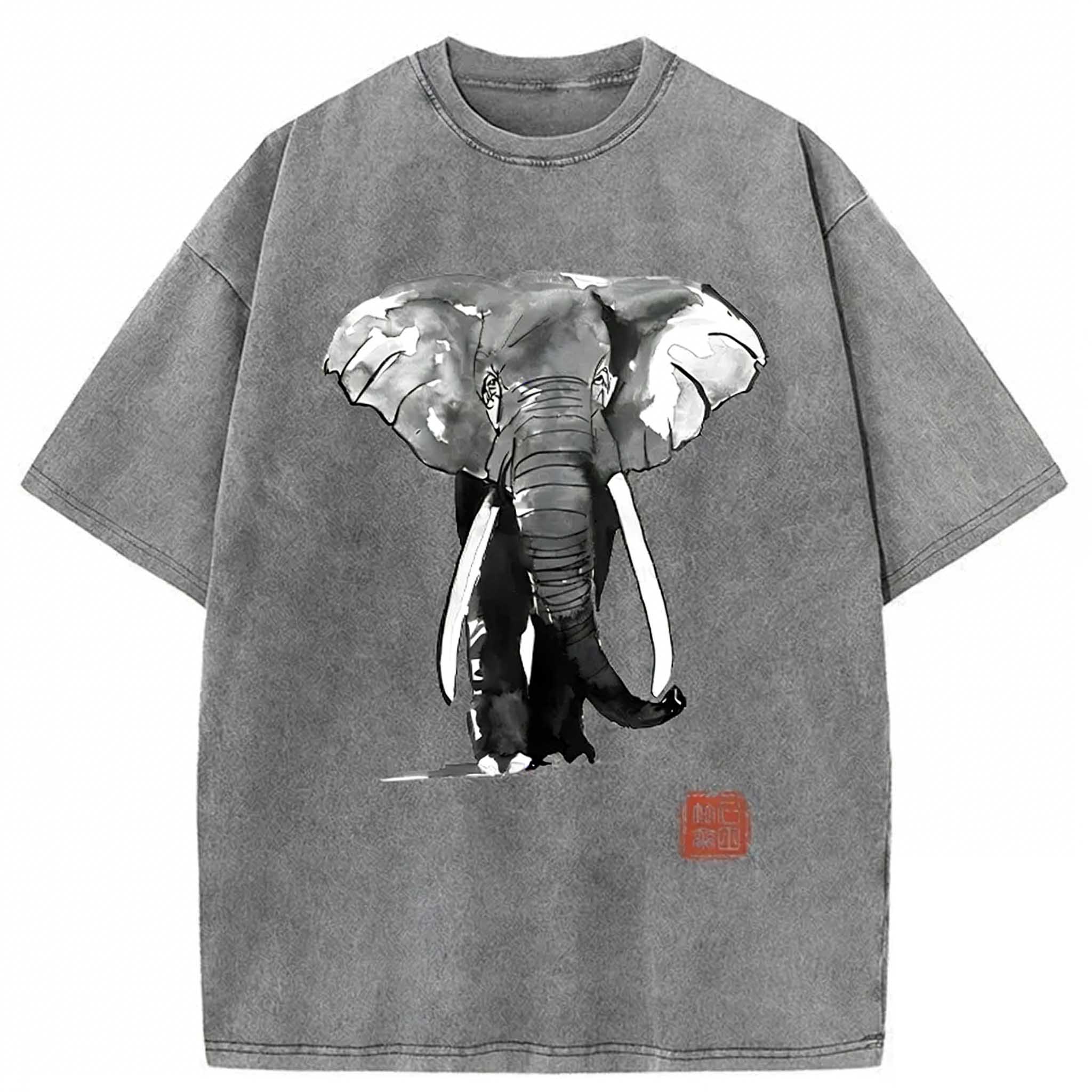 Elephant Ink Painting Washed T-shirt elevenforest