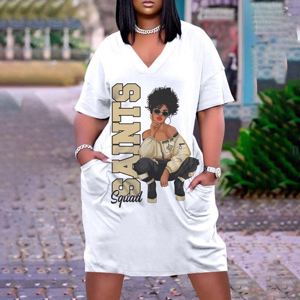 Cool  Girl Print Plus Size V Neck Mid Sleeve Dress