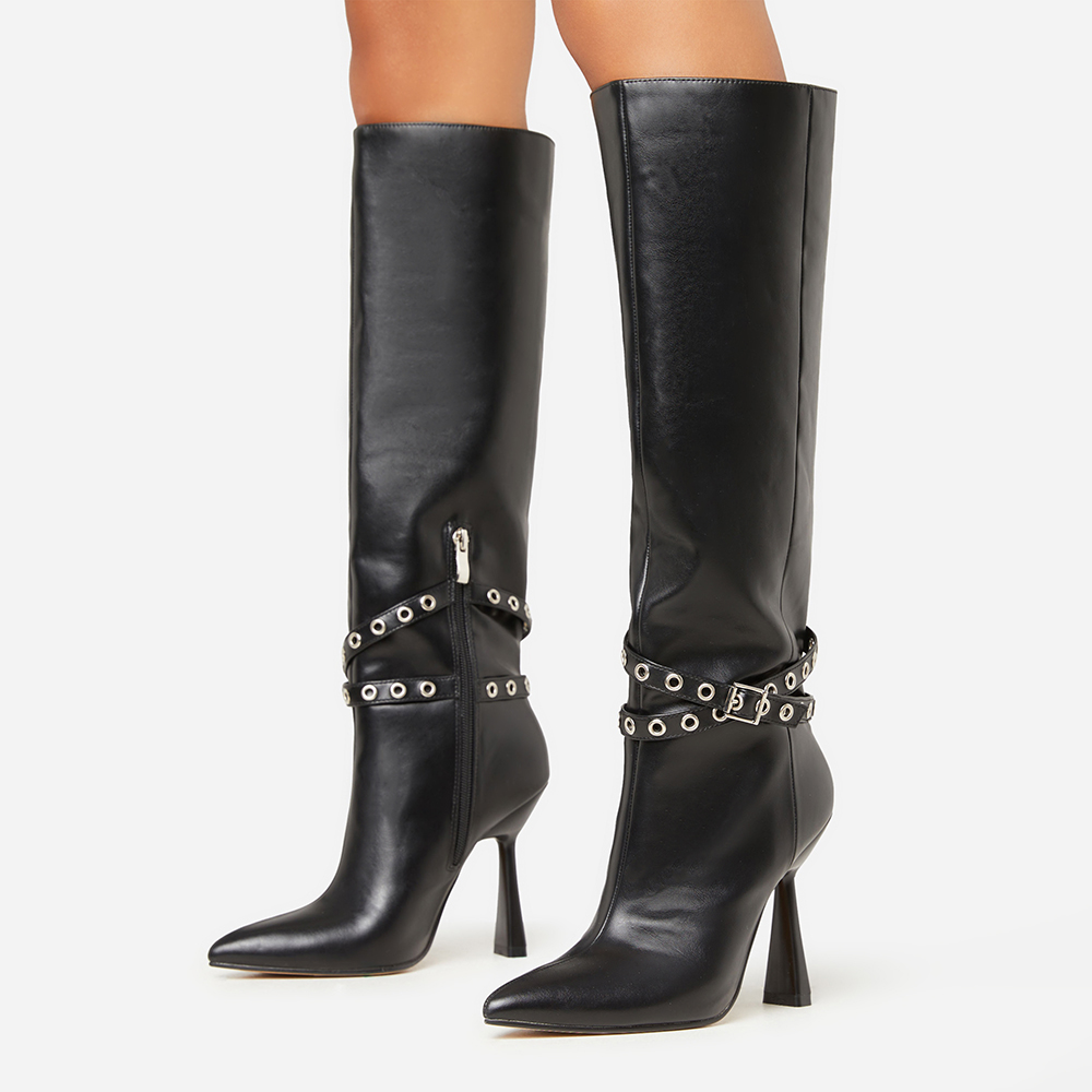 Black Closed Toe Flared Heel Knee High Winter Boots Nicepairs