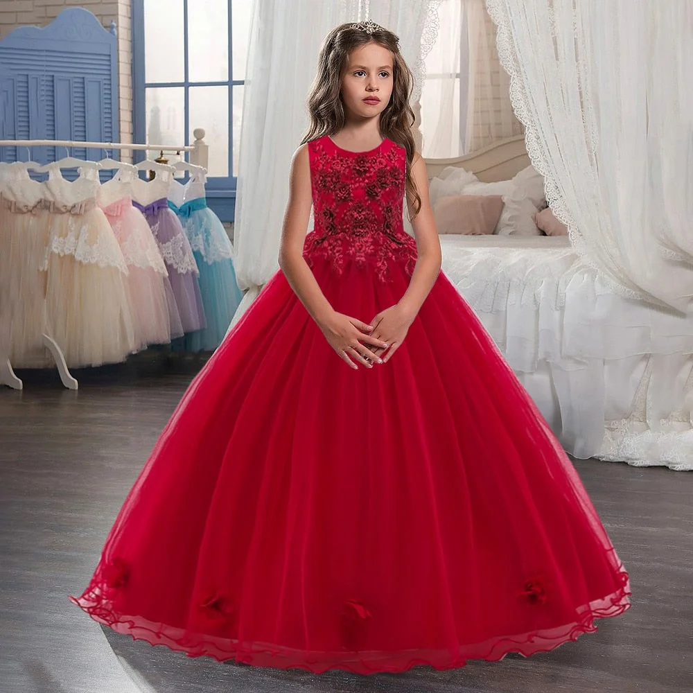 Lace Formal Dress for Girls Costume Embroidery Wedding Princess Children Tailing Girls Dress Tutu Host Flower Party Kid Clothes